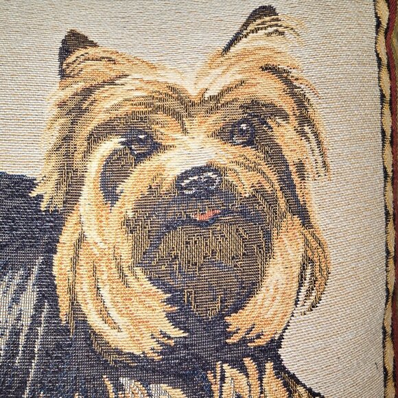 Vintage Borgata Yorkie Tapestry Throw Pillow 14" With Striped Border Dog Lover - Picture 3 of 11